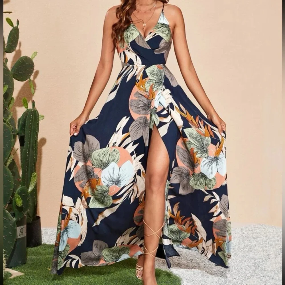 Boho Floral Tropical Print Slit Criss Cross Back Maxi Dress - Picture 1 of 5